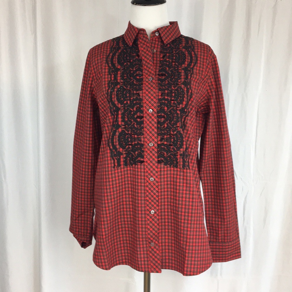 J. Crew red plaid embellished button down shirt size 4 NWT